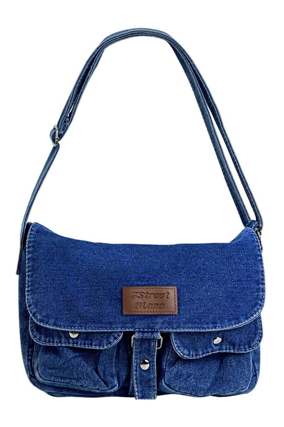 Denim Shoulder Bag Casual Style Lightweight Retro Travel Shopper Crossbody Handbag for Women Jean Tote Purse (Navy)