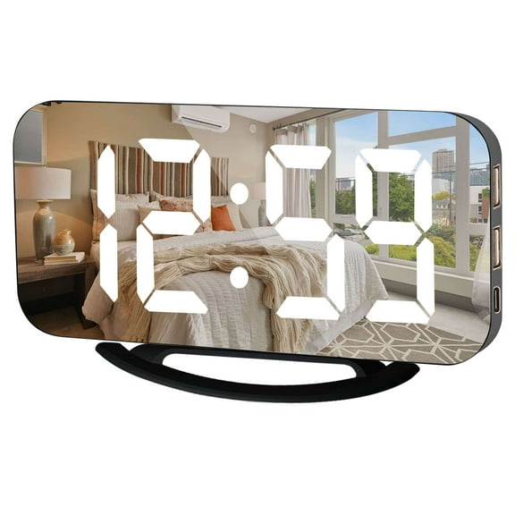 Deago Digital Alarm Clock, Large LED Mirror Display, 2 USB Charging Ports，Auto Dim Mode，Modern Design Clock for Bedroom Office, Black