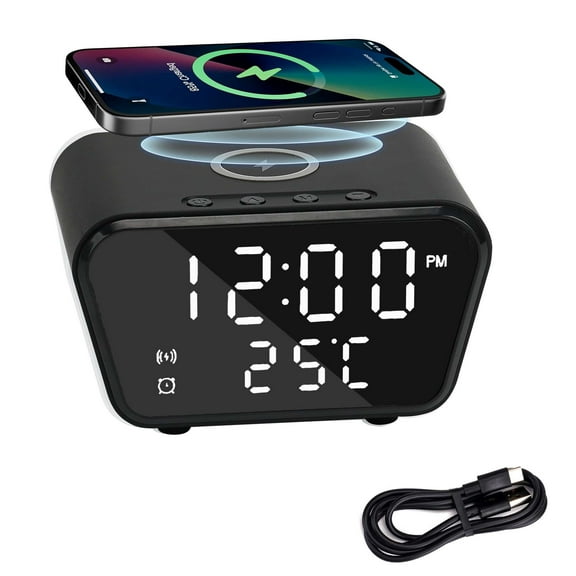 Deago Digital Alarm Clock with Wireless Charging for Bedrooms, Brightness Dimmer, Dual Alarm, Temperature, LED Clocks for Bedside, Desk (Black)