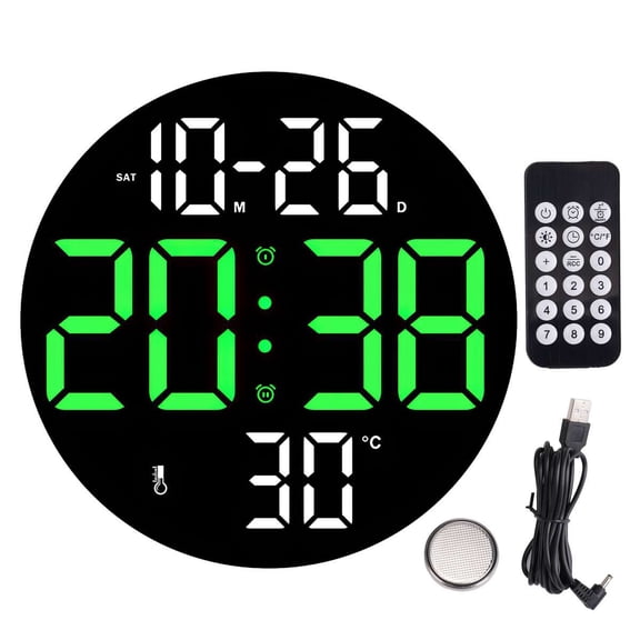 Deago Digital Wall Clock with Large LED Display and Remote Control, Plug in LED Digital Alarm Clocks, Auto Brightness, Temperature, Non-Ticking for Living Room Bedroom Office (Green)