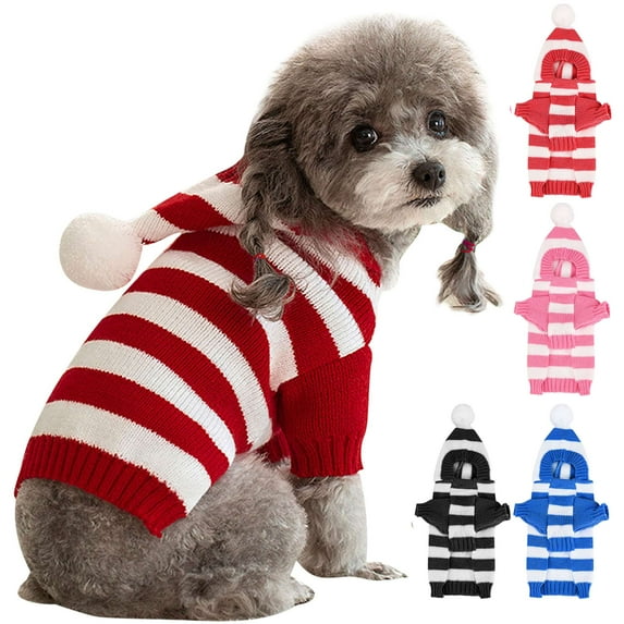 Deago Dog Cat Stripe Sweater with Hoodie for Christmas Sweatshirt Winter Pet Clothes Xmas Puppy Outfits (Red, S)