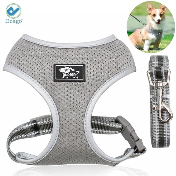 Deago Dog Harness Leash Set, Dog Harness No-Pull Pet Harness Adjustable Reflective Mesh Outdoor Pet Vest for Dogs Easy Control for Small Medium Dogs - Size L, Gray