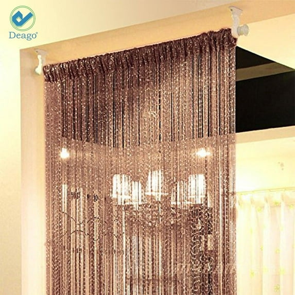 Deago Door String Curtain Flat Silver Ribbon Thread Fringe Window Panel Room Divider Strip Tassel for Wedding Cafe Home Décor (39"x78")