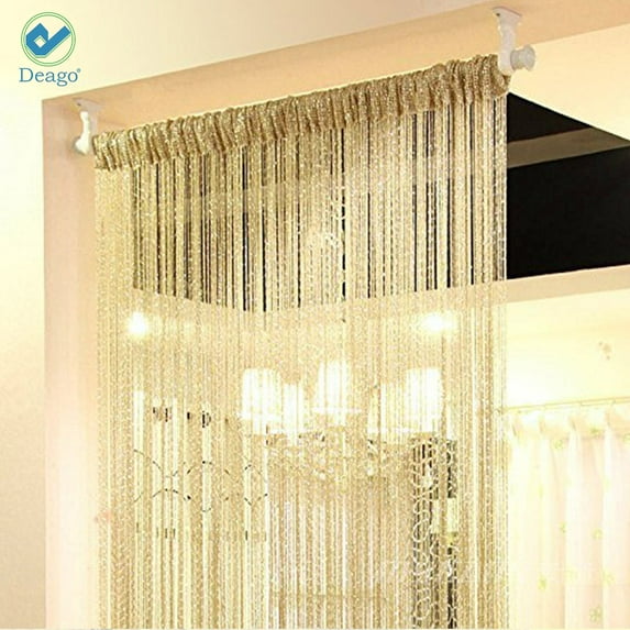 Deago Door String Curtain Flat Silver Ribbon Thread Fringe Window Panel Room Divider Strip Tassel for Wedding Cafe Home Décor (39"x78")
