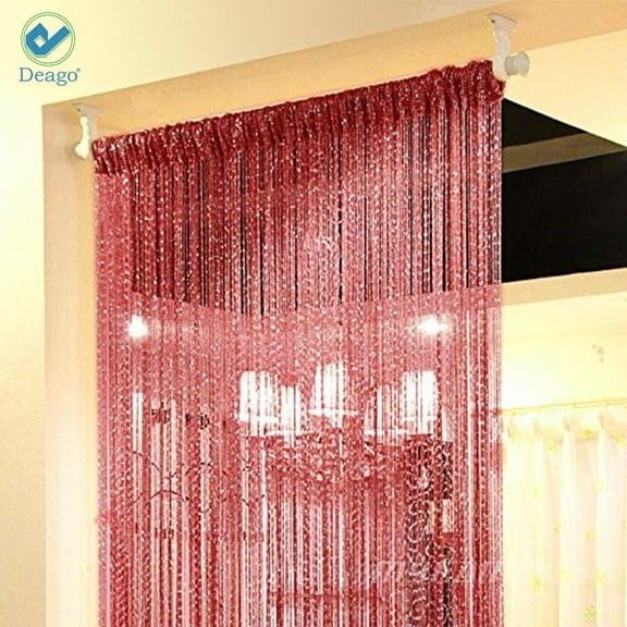 Deago Door String Curtain Flat Silver Ribbon Thread Fringe Window Panel Room Divider Strip Tassel for Wedding Cafe Home Décor (39"x78")