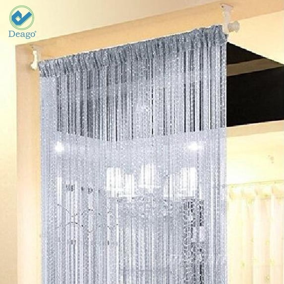Deago Door String Curtain Flat Silver Ribbon Thread Fringe Window Panel Room Divider Strip Tassel for Wedding Cafe Home Décor (39"x78")