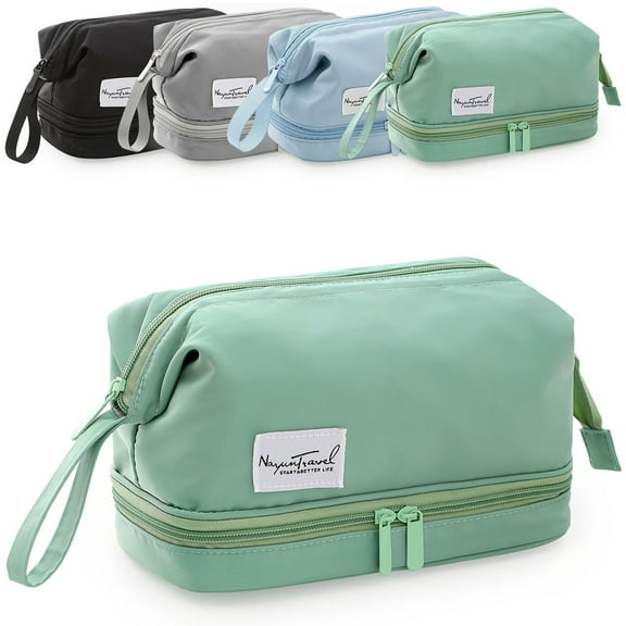 Deago Double Layer Makeup Bag Large Travel Cosmetic Case Make up Organizer Portable Toiletry Bag for Women and Girls, Green