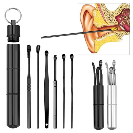 Deago Ear Pick Earwax Removal Kit, Ear Cleaning Tool Set, Ear Curette Ear Wax Remover Tool with a Storage Box (Silver, 6 Pcs)