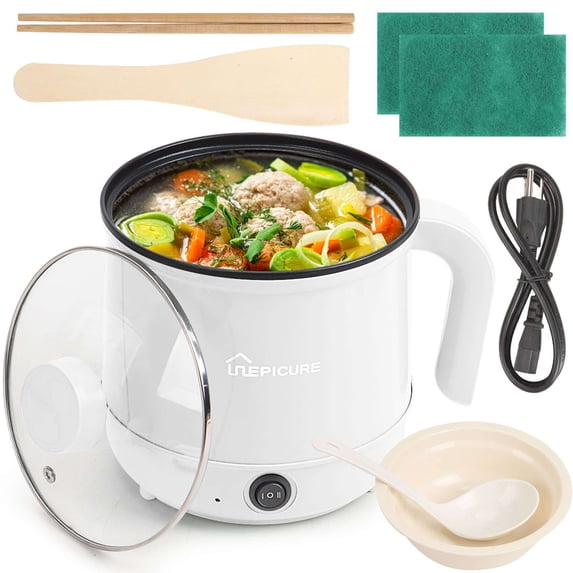 Deago Electric Hot Pot, 1.7L Non-stick Ramen Cooker, Dual Power Control Multifunctional Electric Cooker for Pasta, Noodles, Steak, Egg with Over-Heating and Boil Dry Protection, White