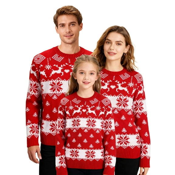 Deago Family Matching Christmas Sweater Round Neck Elk Christmas Tree Print Ugly Knitted Knitwear Pullover Tops for Men Women