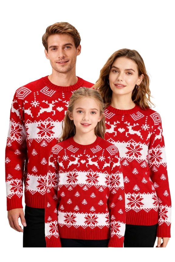 Family Matching Christmas Sweater Round Neck Elk Christmas Tree Print Ugly Knitted Knitwear Pullover Tops for Men Women
