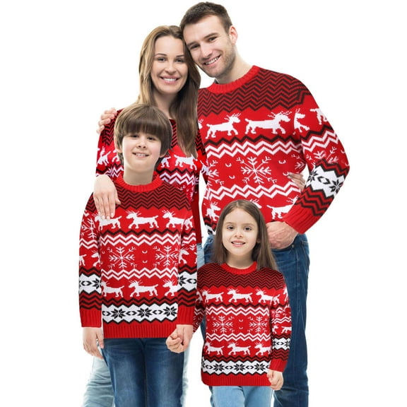 Deago Family Matching Christmas Sweater Round Neck Reindeer Snowflakes Ugly Knitted Sweater Pullover Tops for Men Women