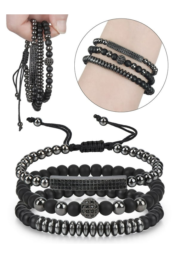 Fashion 3pcs Black Beads Stainless Steel Bracelet Bangle Jewelry Gift Sets for Men Women