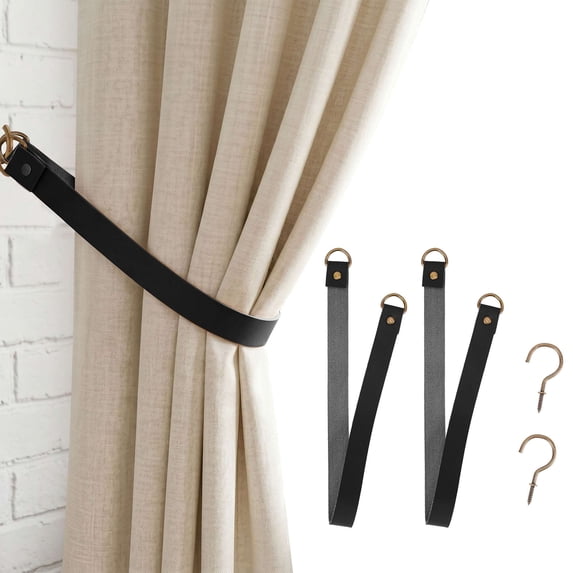 Deago Faux Leather Curtain Tie Backs Attach to Wall, Outdoor Drape Holder Holdbacks Tiebacks with Hooks for Home Offic Living Room Bedroom, Set of 2, Black