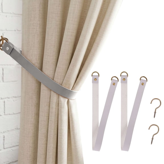 Deago Faux Leather Curtain Tie Backs Attach to Wall, Outdoor Drape Holder Holdbacks Tiebacks with Hooks for Home Offic Living Room Bedroom, Set of 2, Gray