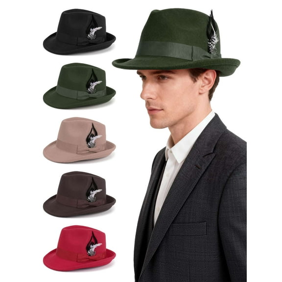Deago Fedora Hats for Men Women Classic Short Brim Felt Manhatta Hat Panama Dress Fedora Hat with Feathers Band (Red)