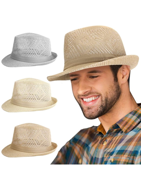 Fedora Sun Hat for Men Women Packable Knit Short Brim Trilby Hat Panama Summer Beach Hat (Gray)