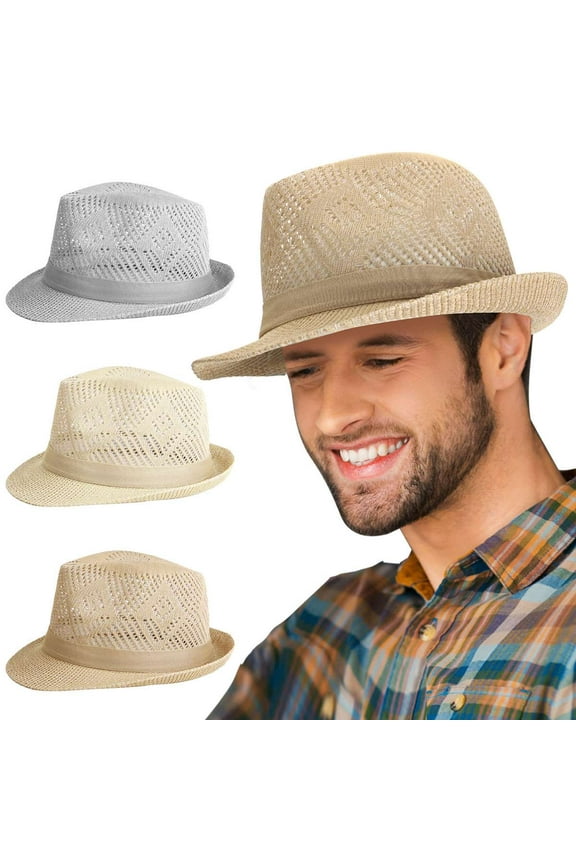 Fedora Sun Hat for Men Women Packable Knit Short Brim Trilby Hat Panama Summer Beach Hat (Khaki)