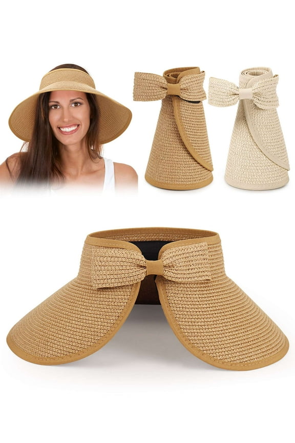 Foldable Straw Sun Visors for Women, Sun Protecetion Wide Brim Sun Hats Adjustable Topless Summer Beach Hat (Beige)