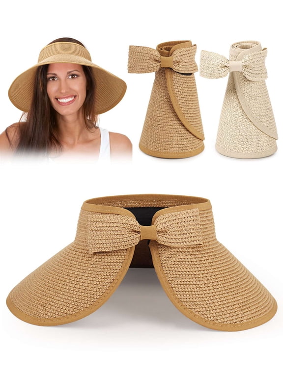 Foldable Straw Sun Visors for Women, Sun Protecetion Wide Brim Sun Hats Adjustable Topless Summer Beach Hat (Khaki)