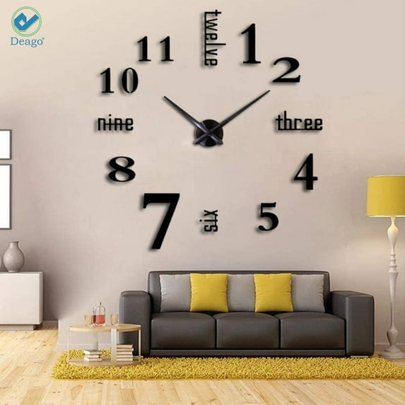 Deago Frameless DIY Wall Clock,Large Modern 3D Mirror Wall Clock Decor Sticker DIY Clock kit for Home Living Room Bedroom Office Decoration (Black)