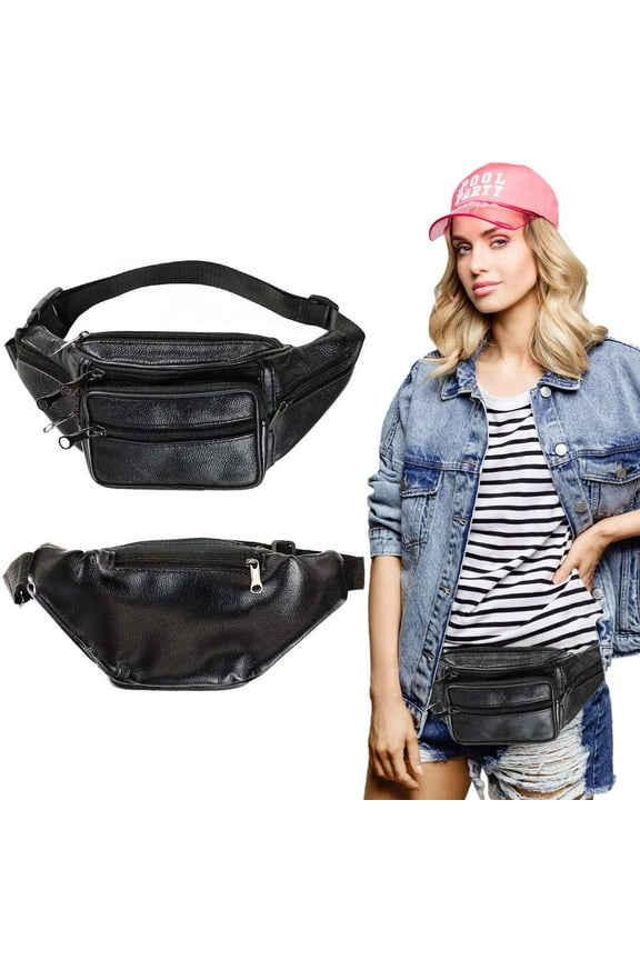 Genuine Leather Fanny Pack for Men & Women Fashionable Multi-Pockets Waist Belt Bag for Hiking Running Cycling, Black