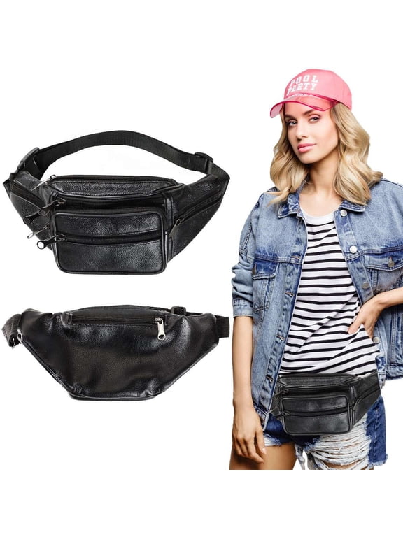 Genuine Leather Fanny Pack for Men & Women Fashionable Multi-Pockets Waist Belt Bag for Hiking Running Cycling, Black