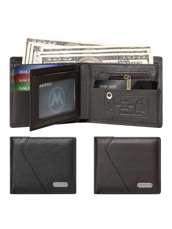 Genuine Leather Wallet for Men, RFID Blocking Bifold Stylish Wallet with 2 ID Window, 6 Card Holder & 2 Cash Slot, Brown