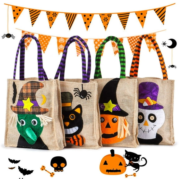Deago Halloween Candy Bags Linen Trick or Treat Bags for Kids Party Goodie Tote Bags Gift Bag with Handles Party Favors