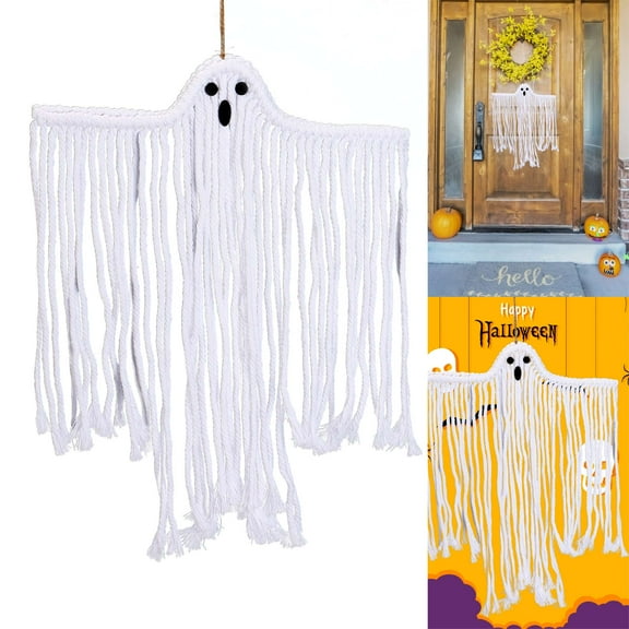Deago Halloween Macrame Ghost Wall Hanging Decor, Handmade Boho Witchy Spooky Holiday Indoor Outdoor Decor for Haunted House Party