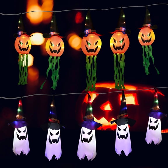 Deago Halloween Pumpkin String Lights with Wizard Hat Battery Operated 5 LED 9.8ft Pumpkin Lights for Halloween Party Indoor Outdoor Decorations, Orange