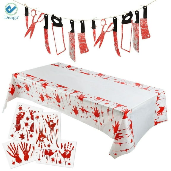 Deago Halloween Scary Party Decoration Set, Including Bloody Tablecover, Bloody Weapons Garland Banner, Bloody Clings for Halloween Haunted House Decor Props Zombie Party Supplies, 6 Piece