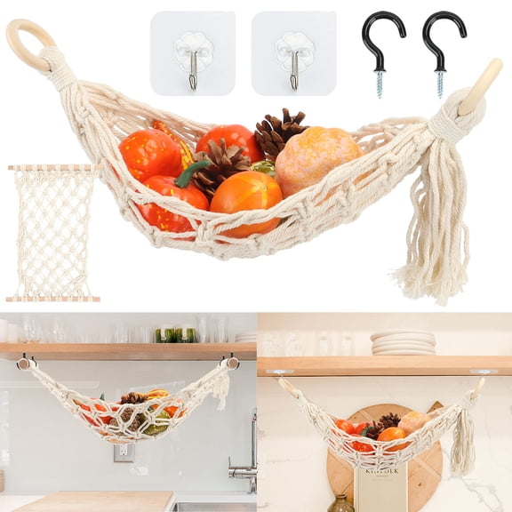 Deago Hanging Fruit Hammock Under Cabinet - Macrame Handwoven Cotton Fruit Basket, Veggie or Banana Hammock - Hanging Kitchen Storage for Home, Boat, Camper, or Rv