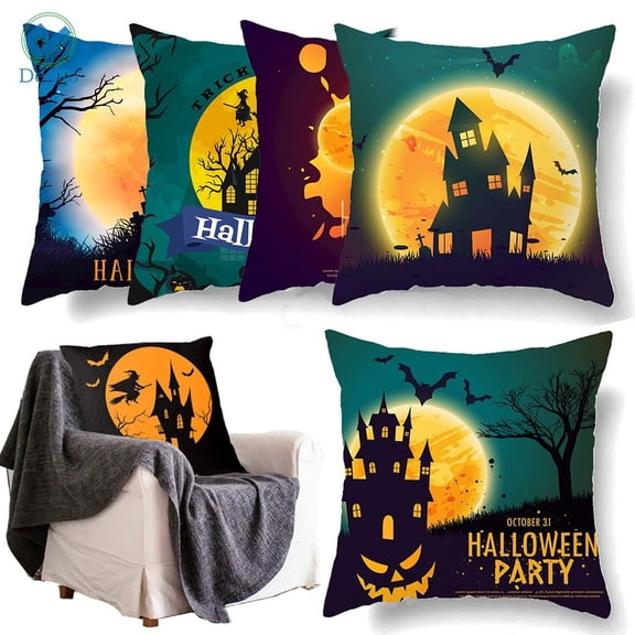 Deago Happy Halloween Throw Pillow Covers Pumpkin Bat Witch Castle Cushion Case Home Party Decoration (2PCS, 18"x18")