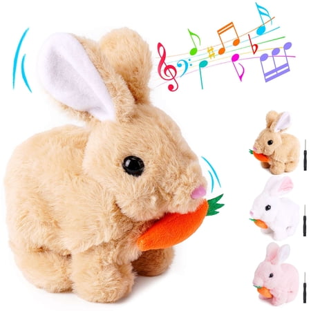 Deago Hopping Rabbit with Carrot Interactive Electronic Pet Plush Bunny Toy with Sounds and Movements Walking Wiggle Ears Twitch Nose Gifts for Toddlers Kids, White