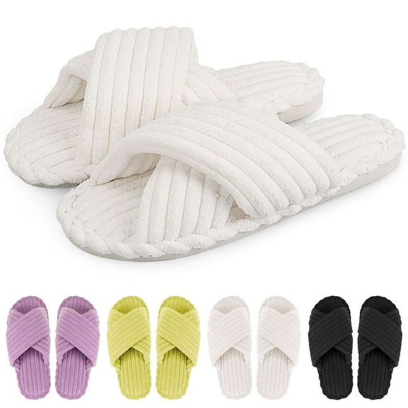 Deago House Slippers for Women Corduroy Crossbands Indoor Slippers Open Toe Slip On Slides Bedroom Shoes with Anti-Skid Sole (White)