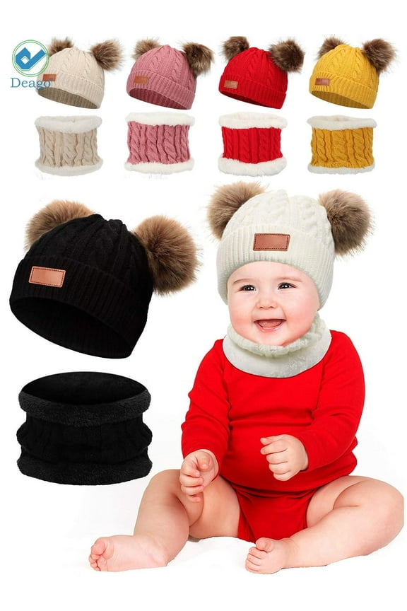 Infant Toddler Winter Hat Scarf Set for Baby Girl Knitted Warm Fleece Lined Skiing Cap Lovely Pompom Kids Beanie 6-36 Months (Black)