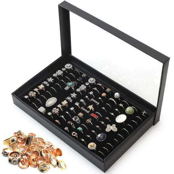 Deago Jewelry Ring Display Tray Case with Lid, 100 Slots Velvet Jewelry Holder Storage Organizer Box Showcase for Rings Earrings Show