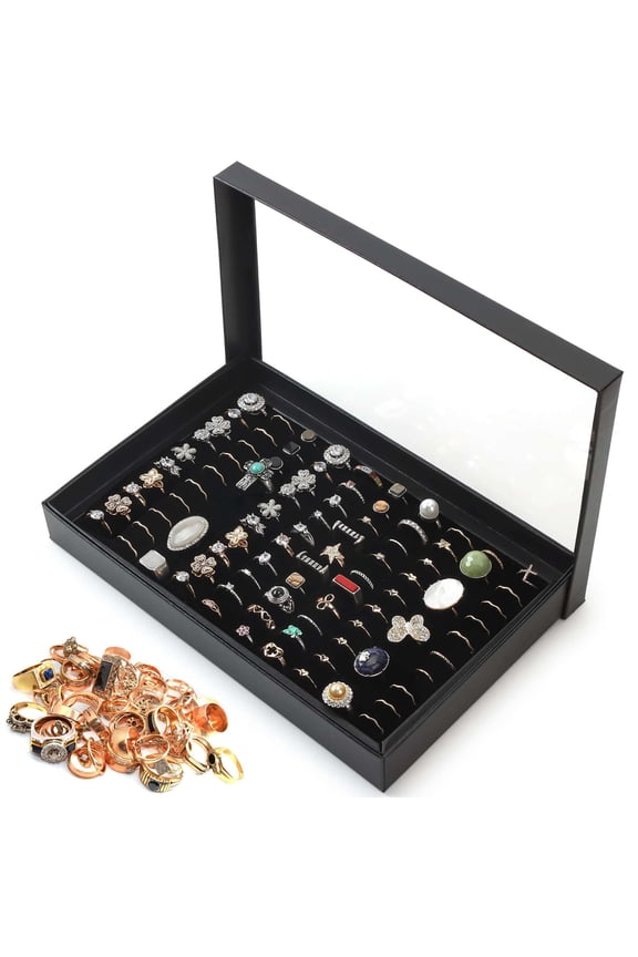 Jewelry Ring Display Tray Case with Lid, 100 Slots Velvet Jewelry Holder Storage Organizer Box Showcase for Rings Earrings Show
