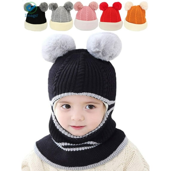 Deago Kids Winter Hat, Baby Knit Hat, Baby Girls Boys Winter Hat, Thick Scarf Earflap Hood Scarves Skull Caps, 2-5T (Black)
