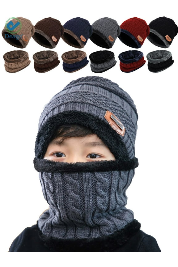 Kids Winter Hat and Scarf Set Warm Knit Beanie Cap and Circle Scarf with Fleece Lining for Children Boys Girls (Black)