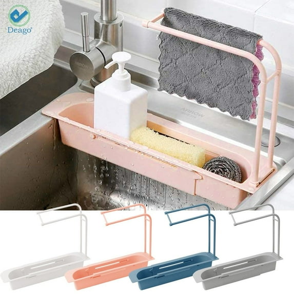 Deago Kitchen Telescopic Sink Rack Organizer Shelf Expandable Storage Sponge Soap Holder Drain Basket (Blue)