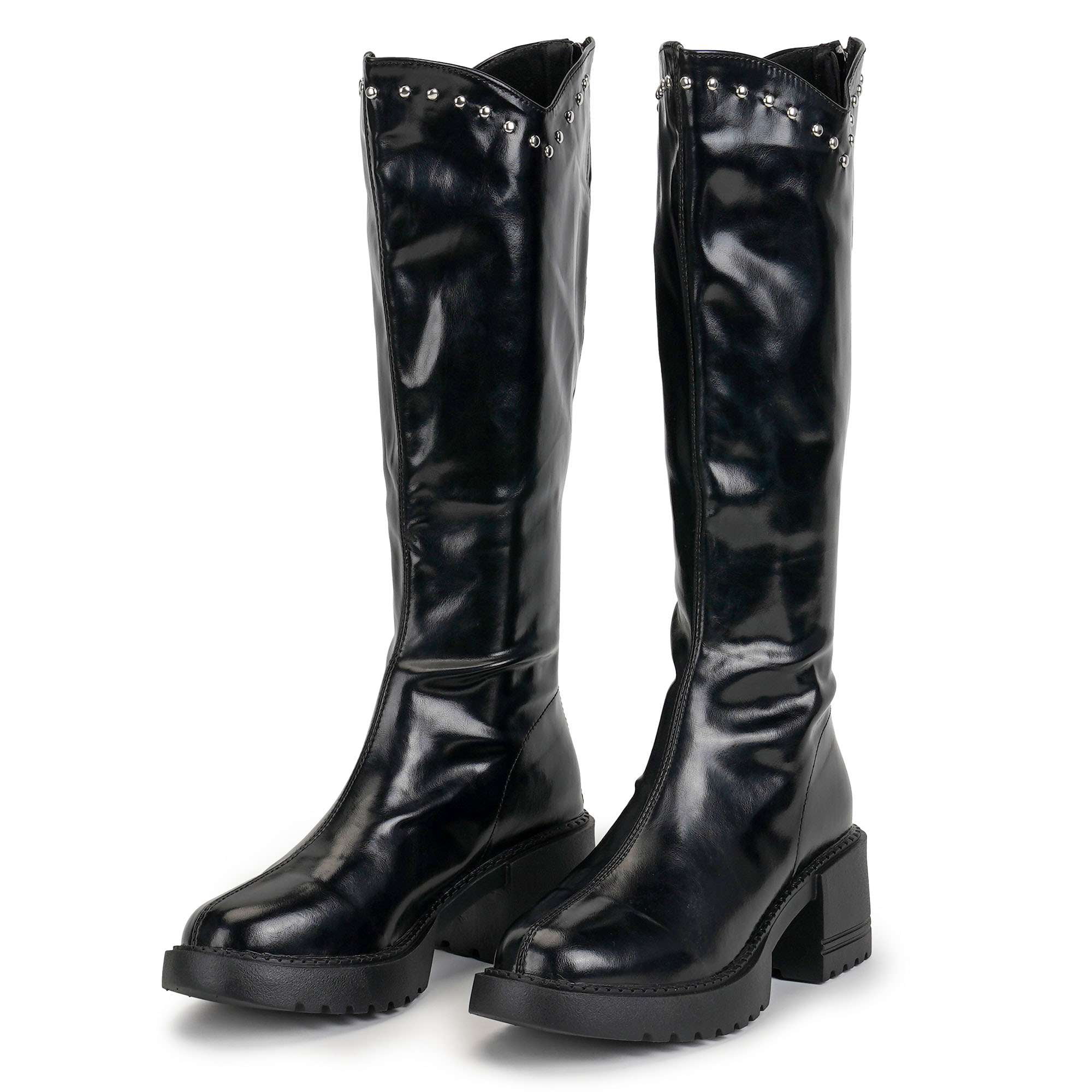 Block Heel Knee High Boots With Zipper On Back Soda Women Block