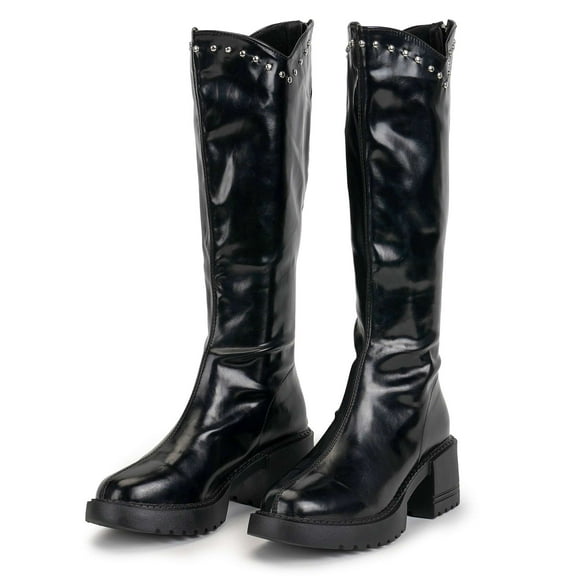 Deago Knee High Boots for Women Chunky Block Heel Round Toe Tall Boots Back Zipper Long Boots