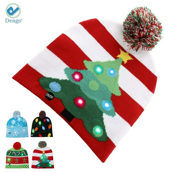 Deago LED Light Up Beanie Knit Hat Christmas Cap Xmas Winter Snow Holiday Warm Hats Gift For Both Adults Kids (Christmas Tree)