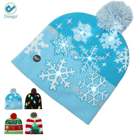 Deago LED Light Up Beanie Knit Hat Christmas Cap Xmas Winter Snow Holiday Warm Hats Gift For Both Adults Kids (Snowflake)