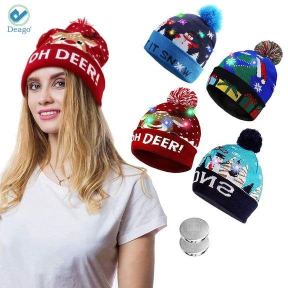 Deago LED Light Up Christmas Hat Beanie Knit Cap Colorful Lights Winter Snow Holiday Party Pom Pom Beanie Hats