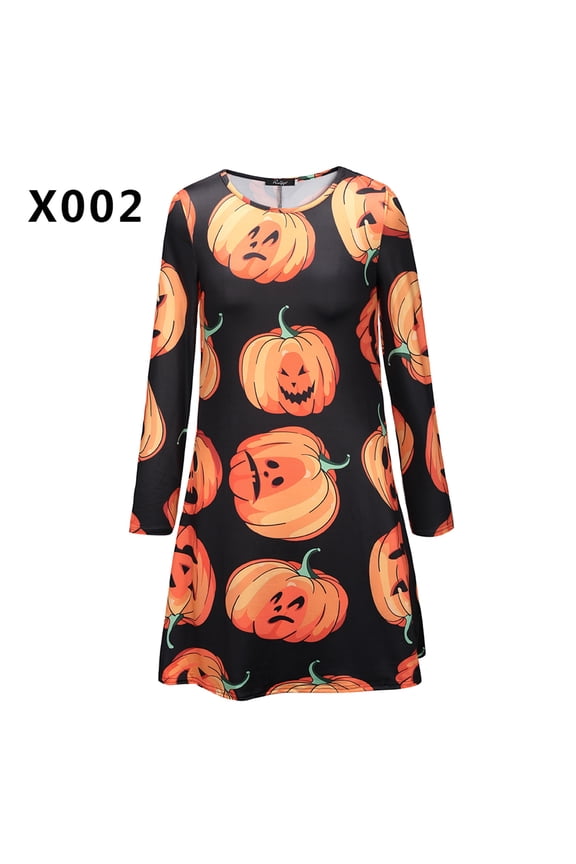 Ladies Women Halloween Pumpkin Print Long Sleeve Party Swing Mini Dress,#X002,Medium Size