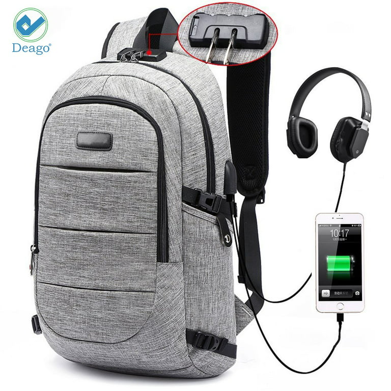 Designer Gray Backpack Rucksack USB Charge Anti-theft Waterproof