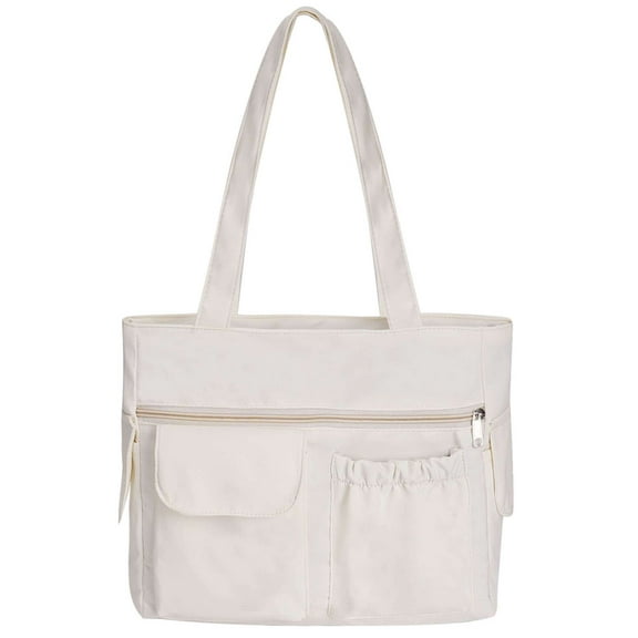 Deago Large Canvas Tote Bag for Women with Zipper and Compartments Travel Shoulder Bag Handbag for College Work Beach (White)
